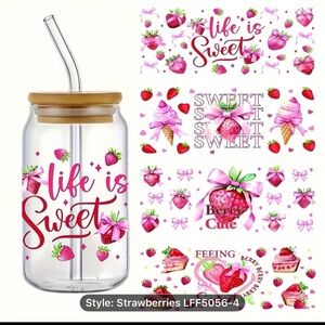 Strawberry-Themed Glass Tumbler with Straw
